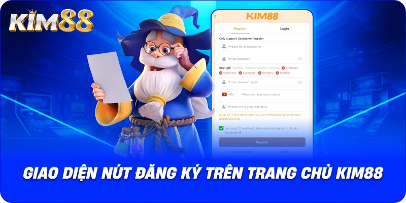 Giao diện nút đăng ký trên trang chủ KIM88
